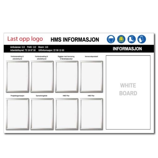 HMS tavle m/ whiteboard felt og 8stk klipsrammer