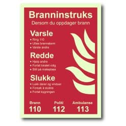 Etterlysende brannskilt - Branninstruks norsk m/ tekst